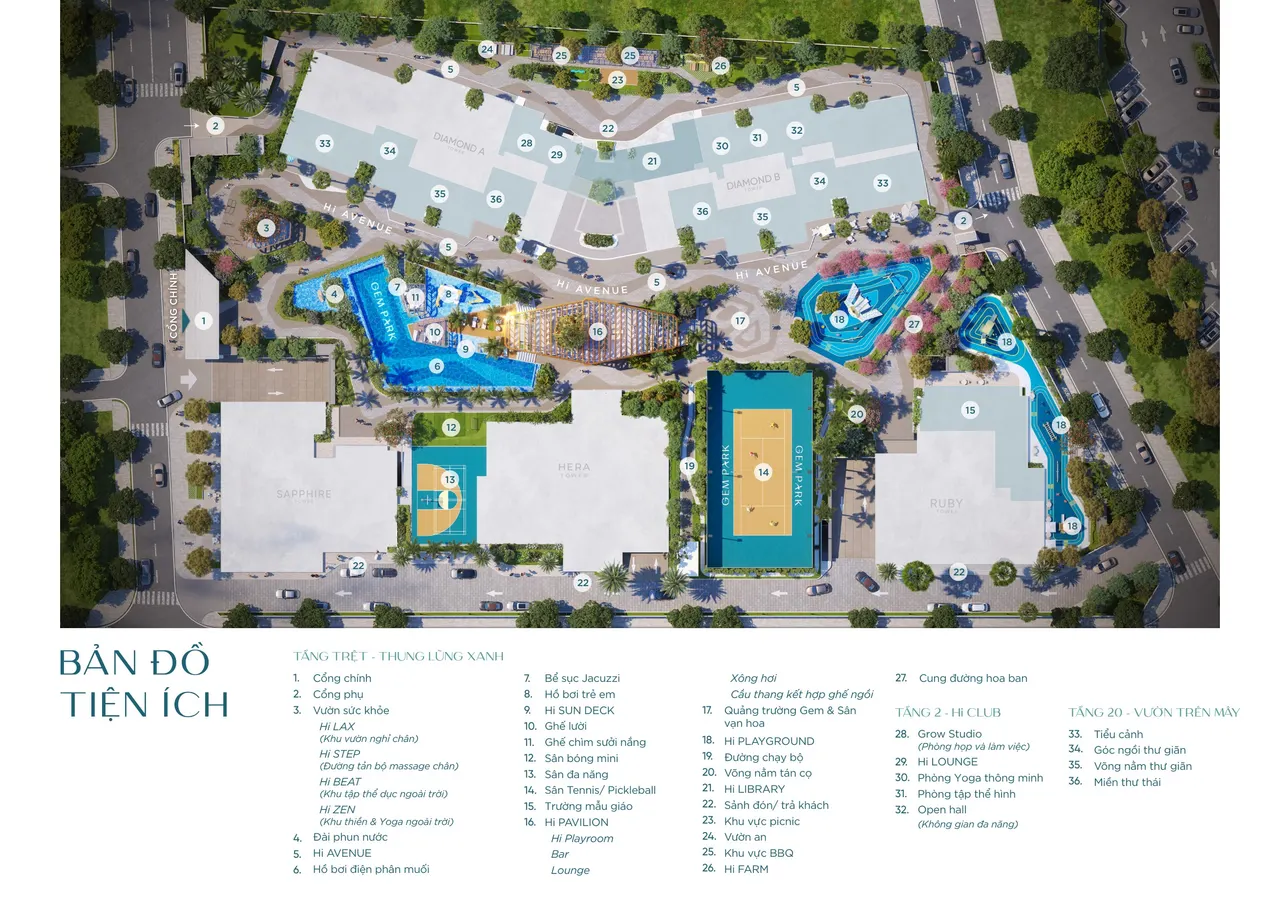 Bản đồ tiện ích Gem Park – tháp HERA, Diamond A, Diamond B, Sapphire, Ruby
